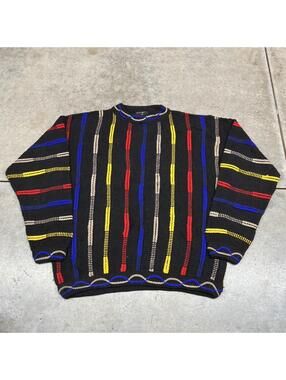 vintage black yellow red and blue striped bergati knit sweater size xl